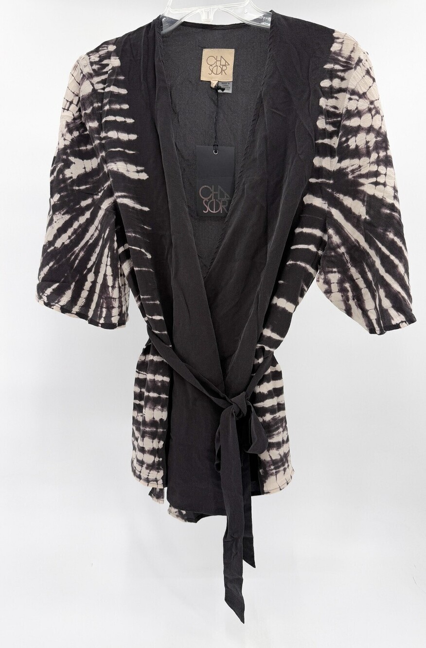Chaser Kimono Wrap Cardigan Womens Medium Black Beige Tie Dye Belted Boho Top